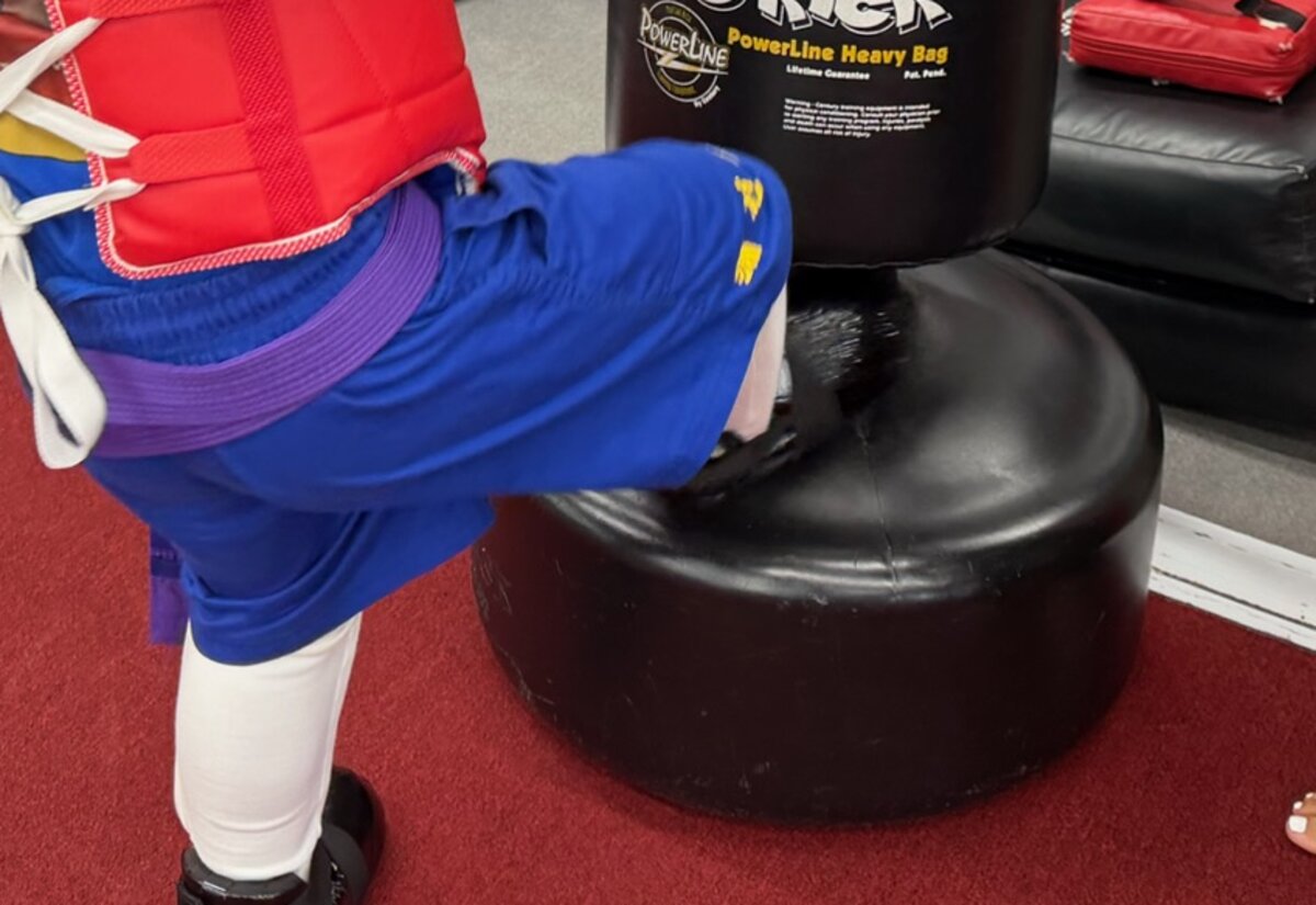 A student in a chest protector and purple belt drives a kick into a heavy bag.