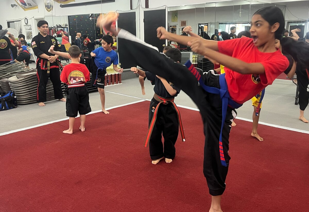 A student in a blue belt throws a high kick while an instructor and classmates look on.