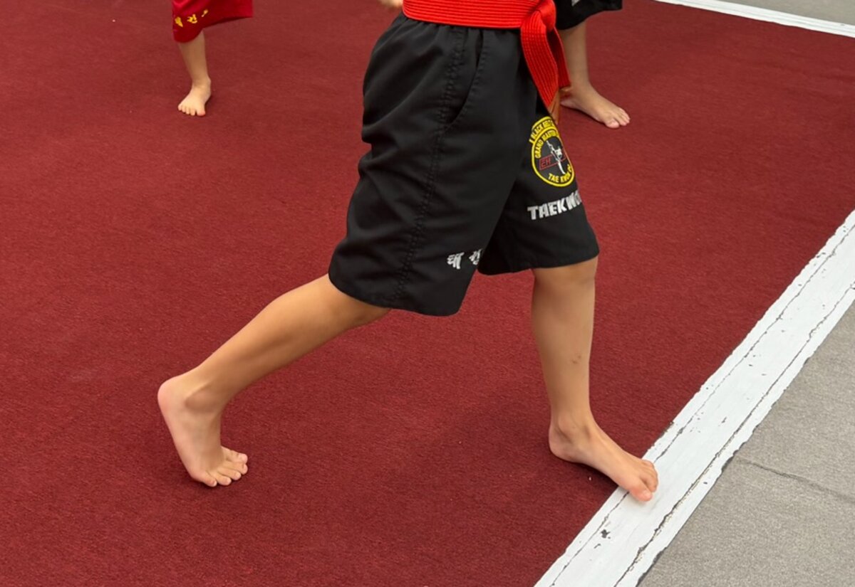 A student with a red belt knotted at the waist steps into a forward stance on the red mat.
